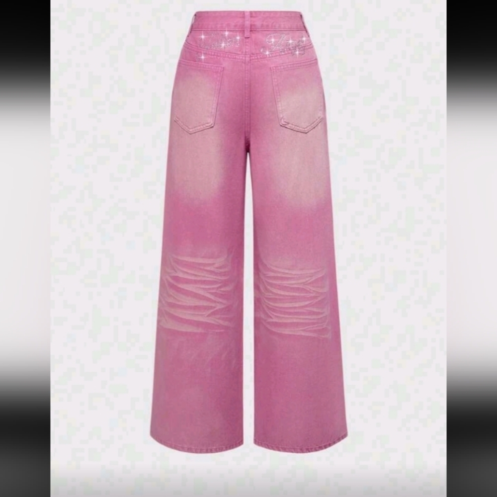 Stylish Pink Wide-Leg Women Jeans With Rhinestone Worn Once‎